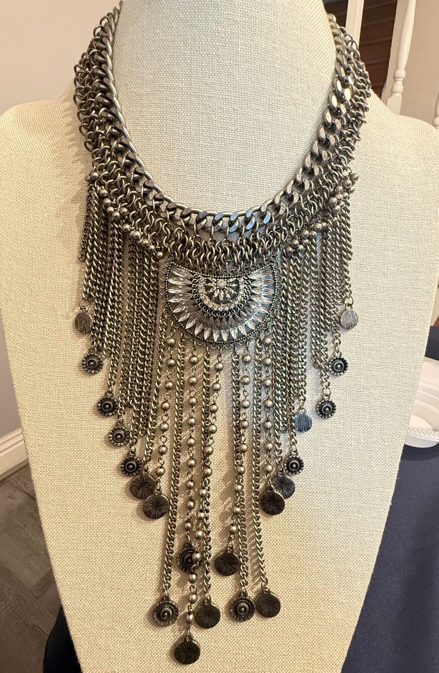 Vintage Runway Statement Necklace Silver Tone Fringe 17”